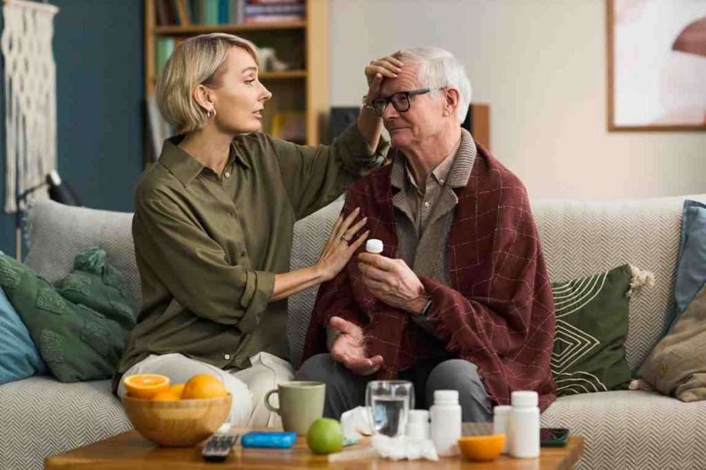 Caregiver assisting a senior with medication.