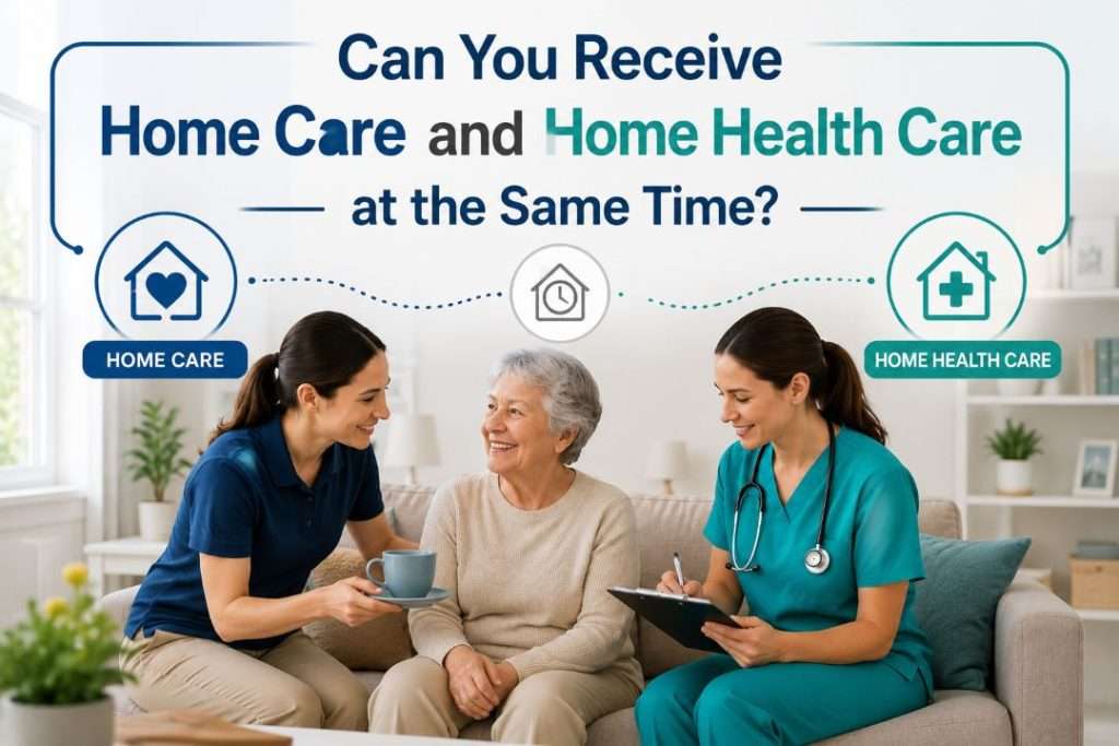 Caregiver and home health nurse providing coordinated in-home care to an elderly woman.